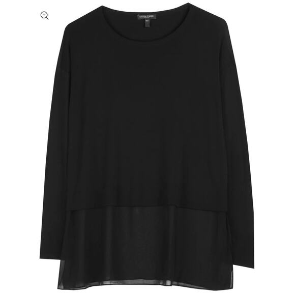 Eileen Fisher Womens Small Black Stretch Silk Jersey Top with Sheer Silk Overlay - Picture 2 of 13